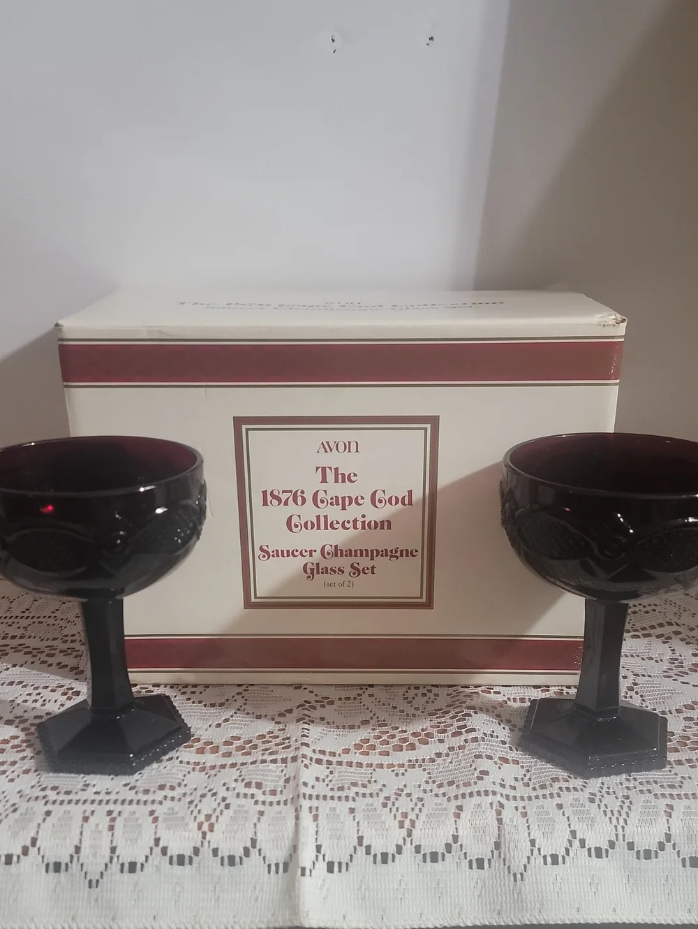 Avon Cape Cod Collection Saucer Champagne Glasses - Deep Ruby With Box